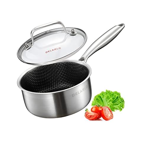 DELARLO Tri-Ply Stainless Steel Anti-Scratch Semi-Nonstick Honeycomb Saucepan with Tempered Glass Lid, Ergonomic Handle and Hexagonal Design for Multi-purpose uses (1.5-QT) (2.5 QT), Silver Cover