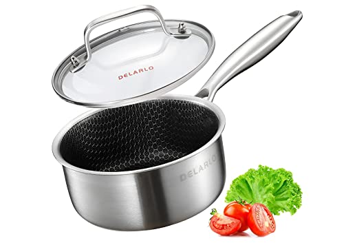 Image of DELARLO Full Clad Tri-Ply Stainless Steel Saucepan 2.5QT, All Stove Safe 600℉(Lids 300℉), Medium Sauce Pan with Lid, Non Stick Sauce Pan, Fast & Even Heat, Steel Pot with Lid, Energy Saving,2-1 /2 QT