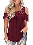 Summer Burgundy Wine Red Cold Off The Shoulder Tunic Tops for Women 2026 Trendy Sexy Casual Ruffle Short Sleeve Ladies Cute Scoop Neck Lace Flowy Swing Loose Babydoll T Shirts Blouses XL