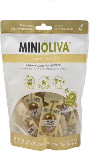 MINIOLIVA Aceite de Oliva Aromatizado al Limón - 12 Dosis Individuales de 8 ml, Perfecto para Casa, Trabajo y Picnic con Empaque Ecológico y a Prueba de Fugas