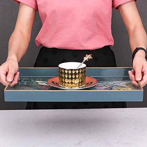 Zosenley Decorative Tray, Rectangular Plastic Tray with Handles, Marbling Vanity Tray and Serving Tray for Ottoman, Coffee Table, Kitchen and Bathroom, 15.6”L x 10.2”W x 1.5”H, Golden Dark Gray