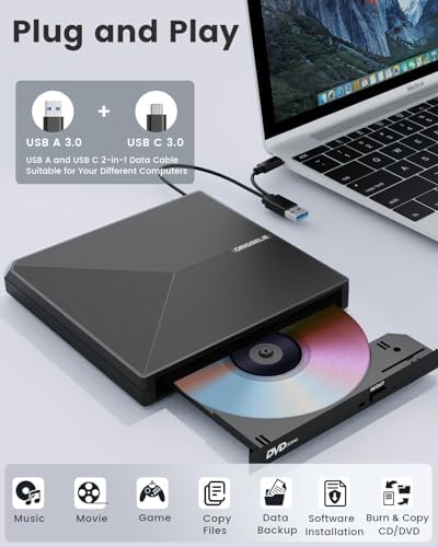 ORIGBELIE External CD DVD +/-RW Drive USB 3.0 Type C Portable CD/DVD Player Burner Reader Writer Optical CD ROM Disk Drive for Laptop Desktop PC iMac MacBook Pro/Air Windows 11/10/8/7/XP Linux Mac OS - View 4