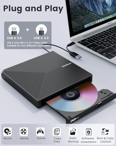 Image of External CD DVD Drive, Portable Type C & A USB 3.0 DVD + /-RW Player Burner Reader Writer Optical CD ROM Disc Drive for MacBook Laptop Desktop PC Mac OS Windows Linux with Carrying Case