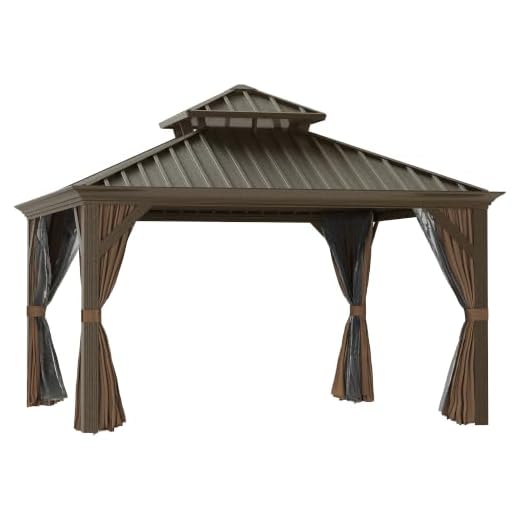 Outsunny 12' x 12' Hardtop Gazebo Canopy with Galvanized Steel Double Roof, Aluminum Frame, Permanent Pavilion Outdoor Gazebo with Netting and Curtains for Patio, Garden, Backyard, Deck, Lawn, Coffee
