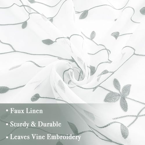 WUBODTI Grey Leaf Embroidered Sheer Curtain 63 Inch Length 2 Panels for Small Windows, Rod Pocket Grey and White Light Filtering Faux Linen Leaves Patterned Curtains for Bedroom Living Room - image 5