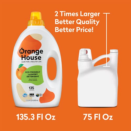 Orange House Liquid Laundry Detergent, Free And Clear, Natural Clean Laundry Detergent, Made Of Orange Oil, Hypoallergenic Liquid Detergent No Harmful Chemical, 135.3 Fl Oz, He & Standard Machine #TOP7