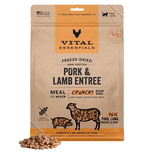 Vital-Essentials-Freeze-Dried-Cat-Food-Raw-Protein-Pork-Lamb-Micro-Nibs-Complete-Meal-or-Mixer-96-Meat-Organs-Bone-High-Protein-Low-Carb-Grain-Free-Dry-Cat-Food-12-oz Vital Essentials Freeze Dried Cat Food, Raw Protein Pork & Lamb Micro Nibs | Complete Meal or Mixer | 96% Meat, Organs & Bone | High Protein, Low Carb, Grain Free, Dry Cat Food | 12 oz - Image 1