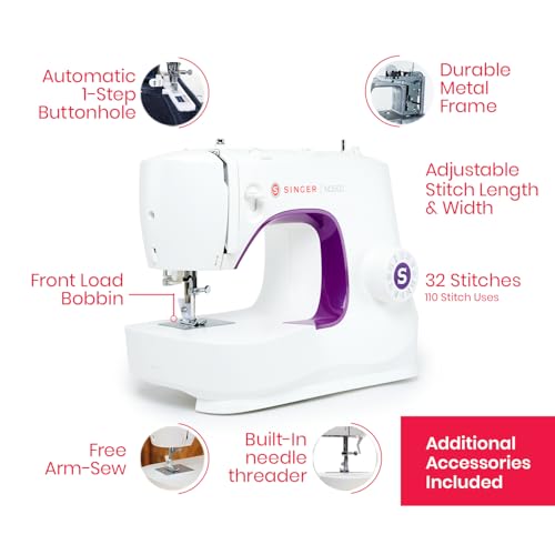 Image of SINGER M3500 Lightweight & Portable Sewing Machine with Accessory Kit | 110 Stitch Applications, LED Light & 1-step Buttonhole | Great for Quilting, Crafts & Mending | 32 Built-in Stitches, Includes Accessory Kit, 15 Class Transparent Bobbins, All-Purpose, Zipper, Button-Sewing Feet