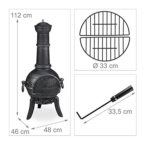 Relaxdays Terrassenofen, Aztekenofen mit Schürhaken, Gusseisen, Funkenschutz, für Garten, HxBxT: 112x46x48 cm, Silber-4