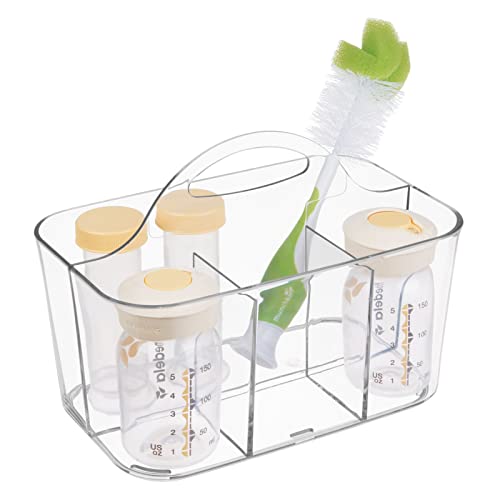 Image of mDesign Small Plastic Nursery Storage Caddy Tote - Divided Bin with Handle for Baby/Kids - Hold Bottles, Spoons, Bibs, Pacifiers, Diapers, Wipes, Baby Lotion - Lumiere Collection - Clear