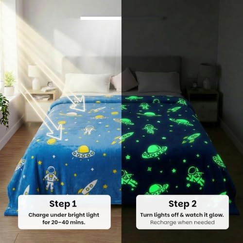 Image of Famyo Glow Blanket for Kids - Astronaut | Kids Blanket 0-15 Yrs | 200x152 cm Double Bed Blanket | Soft Flannel Blankets for Winter | Lab-Tested & Safe, (Grey) | 0-15 Yrs, 200x152 cm Queen Size Double Bed Blankets, Soft Flannel, Lab-Tested & Safe