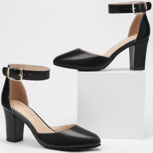 Image of 3 Inch Wide Width Chunky Heels for Women Closed Toe Heels Dress Shoes for Womens Round Pumps Ankle Strap Block Heel Bridesmaid Wedding Prom Party Comfortable (Check Size Chart Before Select)