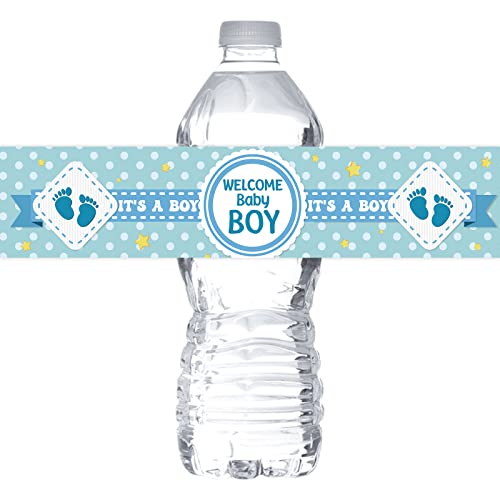 Welcome Baby Boy Water Bottle Stickers/Gender Reveal Bottle Wrappers/It's a Boy Water Labels Supplies/Baby Shower Decorations Blue (Set of 32)
