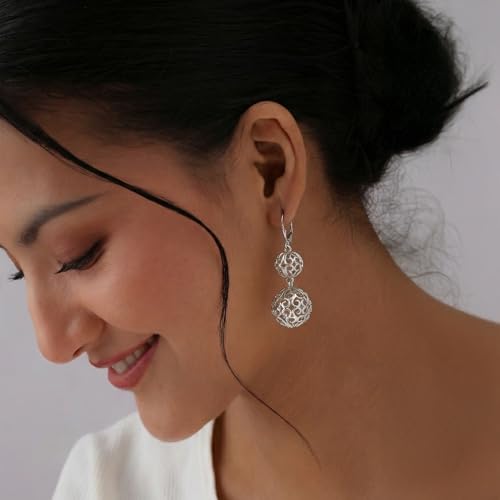 Image of TRUESILVER ACPL 925 Sterling Silver BIS Hallmarked Filigree Ball Leverback Drop Dangle Earrings for Women