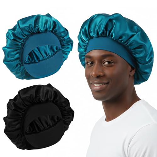 ValueBargain 2Pcs Bonnet, Verstellbare Bonnet Men aus Seide für Natürliches Haar, Weiches Nachtaccessoire mit Breitem Band gegen Haarbruch
