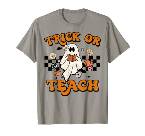 Groovy Halloween Trick Or Teach Retro Ghost read a book T-Shirt