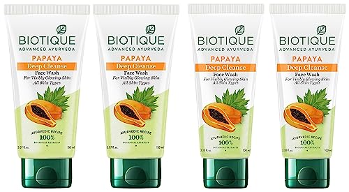 Image of Biotique Bio Papaya Visibly Flawless Skin Face Wash For All Skin Types, 150ml (Pack Of 2) & Biotique Papaya Deep Cleanse Face Wash For Visibly Glowing Skin All Skin Types 2x100ml