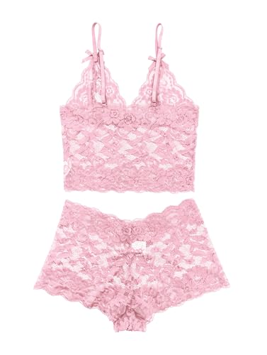 Image of Lilosy Sexy Sheer Floral Lace Pajamas Lingerie Set High Waist Sleepwear Bra and Panty 2 Piece Nightwear
