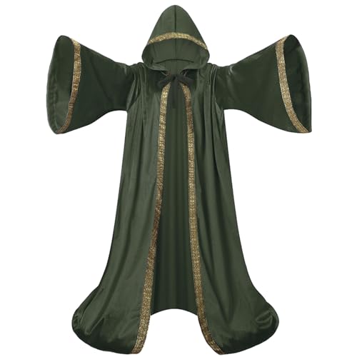 GRAJTCIN Adult Dutch Velvet Wizard Cloak with Hooded and Sleeves for Men and Women Wizard Robe Costume Halloween Cloak (Army Green 150cm)