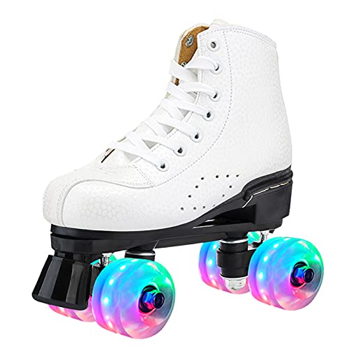 Classic Roller Skates Unisex Double Row Quad Roller Skates with PU Flashing Wheels, PU Leather 4 Wheels Roller Skates Shoes for Beginner Adult Teens (Women8/Men6.5,White)