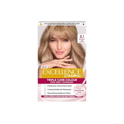 L'Oréal Paris Excellence Crème Permanent Hair Dye, Radiant At-Home Hair Colour with up to 100% Grey Coverage, Pro-Keratin, Up to 8 Weeks of Colour, Colour: 8.1 Natural Ash Blonde