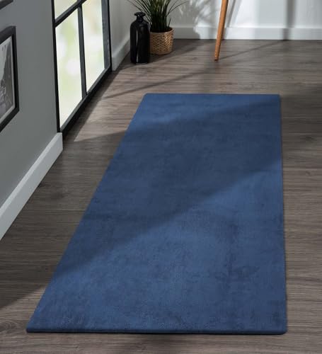 Image of Obsessions Polyester Bedside Runner with Solid Pattern Felt Backing, Ideal for Bedroom & Living Room 80x150cm, Blue