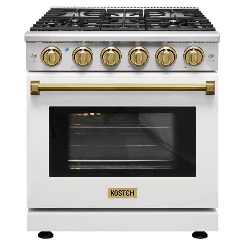 KOSTCH 30-inch Professional Freestanding Pro-Style Natural Gas Range or Liquid Propane Gas Range with 5 Burners, 4.55 cu.ft. Oven Capacity, in Stainless Steel - KOS-30RG03M (White/Bronze)