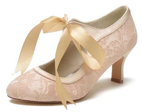 Minishion Ladies Dressy Shoes for Wedding Mary Jane Round Toe Evening Formal Pumps with Ribbon BR111