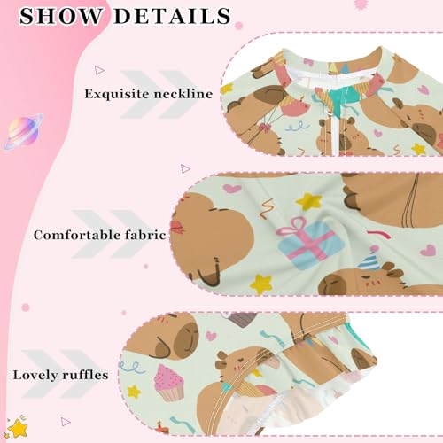 Cute Birthday Party Capybara Green Girls One Piece Rash Guard Swimsuit, Girls Long Sleeve Swimwear for 3-12Y4