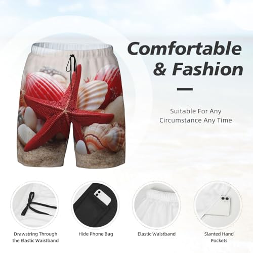 Men's Swim Trunks Quick Dry Board Shorts Red Starfish Seashells Beach Shorts with Pocket Bathing Suits for Men4