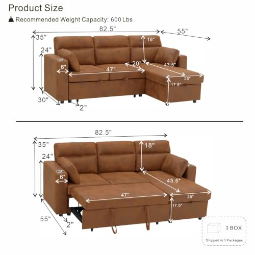 Image of KEIKI 82.5 inch Sleeper L Shaped Sofa with Pull Out Bed,