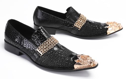 Santimon Men's Metal-Toe Slip On Loafers with Beadwork | Genuine Leather Penny Loafers for Wedding/Disco/Rock Events | Dress Shoes for Casual & Party Outfits Black4
