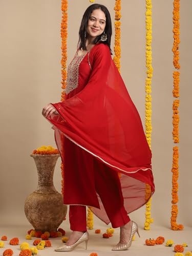 Image of GoSriKi Women's Rayon Blend Straight Embroidered Kurta with Pant & Dupatta