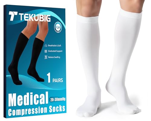 Medical Women Men Compression Socks Knee High 20-30 mmhg Graduated Soft Lightweight Medium Length Leg Medical-grade Long Post Surgery Postpartum Air Travel Recovery Airplane Edema Ted Garment White
