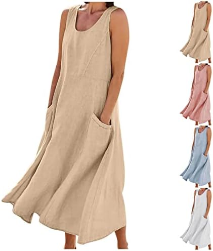 Naittoop Dresses for Women 2023 Summer Fashion Casual Solid Color Sleeveless Cotton Linen Long Dress Casual Dresses