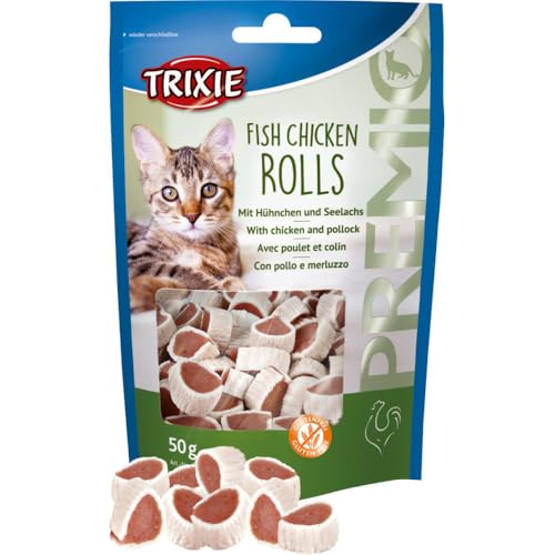 Trixie Premio Fish Chicken Rolls | 50 g | Alimento complementario para gatos | Con pollo y abadejo | Sin gluten, sin azúcares añadidos | Bolsa sellable
