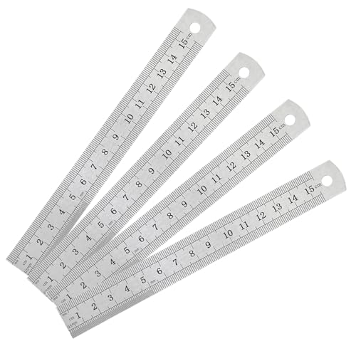 6 Inch Stainless Steel Ruler Multipack – Set of 4 Small Metal Rulers 15cm with Hanging Hole – Precision Steel Measuring Tools for Office, School – Durable Straight Edge for Engineers, Architects