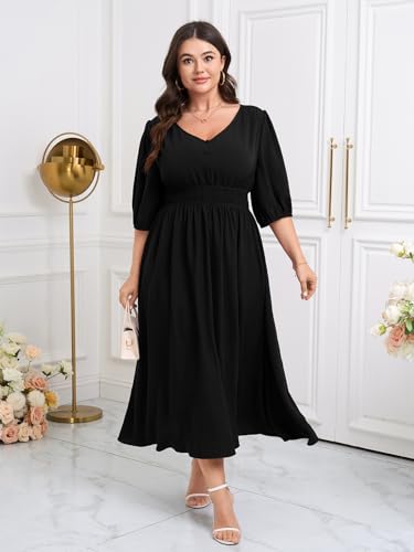 SCOMCHIC Women Plus Size Dresses V Neck 3/4 Sleeve Smocked High Waist Summer Flowy A Line Maxi Dress4