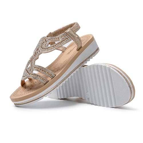 JOMIX Sandales Femme Compensées été Sandale Femme avec Élastique Réglable pour Marche Maison Piscine Plage (Or, 37) – vue 3