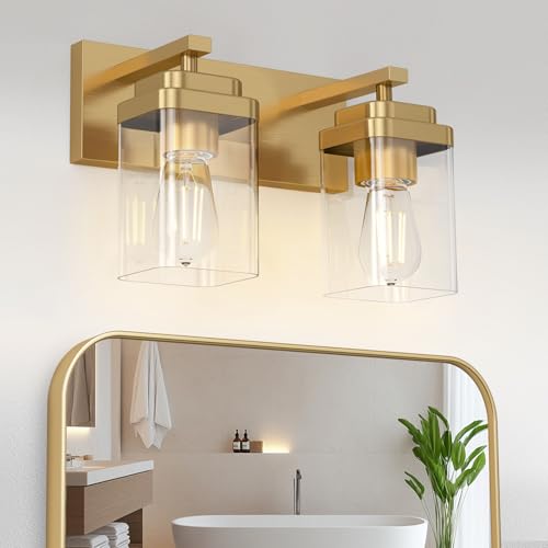 Image of Brushed Gold Bathroom Light Fixtures, 2 Lights Bathroom Lighting Fixtures Over Mirror, Square Design & Rectangle Large Backplate, Modern Vanity Lighting Fixtures, for Living Room /Bedroom