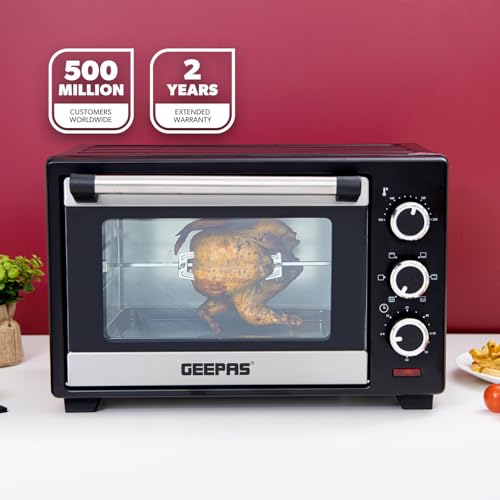 Geepas 25L Mini Oven & Grill | Electric Oven With Rotisserie Baking Roasting & Grilling | 1600W Temp Control Double Glass Door 60Min Timer Auto Shut Off Bell Compact For Dorm Caravan Kitchen - 2