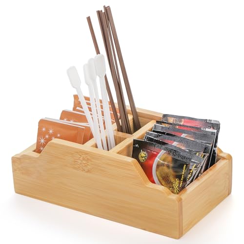 Dicunoy 2 Pack Small Sugar Packets Holder, Bamboo Tea Bag Organizer, 4 Sectionals Tabletop Organizer Caddy for Honey Sticks, Stir Sticks, Sweetener, Coffee Stirrers, Church Kitchen, Countertop