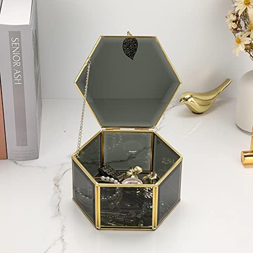 SUMNACON Black Glass Jewelry Box Jewelry Holder with Gold Color Metal Frame, Decorative Makeup Box Hexagon Trinket Box Holder for Necklace, Ring, Earrings, Cosmetic, Big(15 x 13 x 7.5cm)