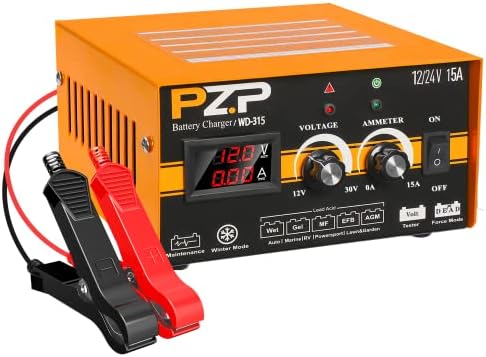 PZ.P 12V 24V Battery Charger Automotive, 12 Volt 24 Volt Car Truck Mortorcycle RV Boat Marine Automobiles Battery Charger Maintainer, Manual Deep Cycle Lead Acid AGM Trickle Charger 0-15A