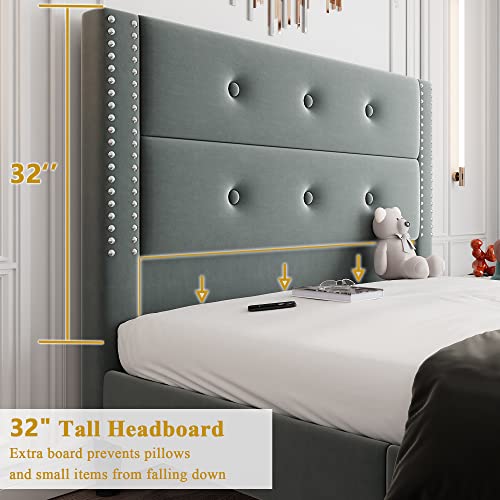 Feonase Queen Size Bed Frame With 32" Headboard, Modern Upholstered Platform Bed Frame With Button Tufting, Solid Wood Slats Support, No Box Spring Needed, Easy Assembly, Gray #TOP3