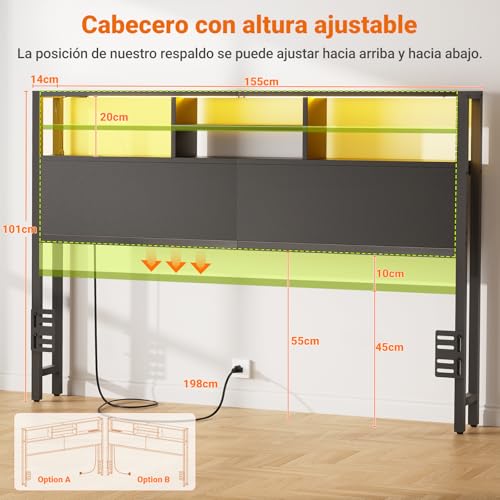 Miniatura 2 de Isunirm Cabecero 155 Cm Con Estantes De Almacenamiento, Con Enchufes, Puertos Usb Y Pype C, Luz Led, Solo Cabecero, Altura Ajustable, Reversible, Resistente Y Estable, Negro