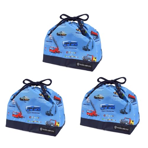 COLORFUL CANDY STYLE 巾着 中 マチ有りお弁当袋(ネームタグ付き) 撥水ノーアイロン くるま大図鑑 3枚セット 男の子 かっこいい 子供用 キッズ 巾着 巾着袋 お弁当袋 ランチ ランチ袋 幼稚園 お弁当 袋 おしゃれ ポーチ 小学校