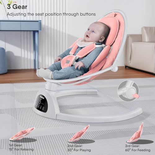 BabyBond Baby Swings for Infants, Bluetooth Infant Swing with Music Speaker, 3 Seat Positions, 5 Point Harness Belt, 5 Speeds and Remote Control - Portable Baby Swing for Indoor and Outdoor (Pink) - Thumbnail 4