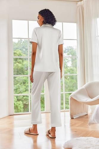Image of Ekouaer 2 Piece Satin Short Sleeve Pajamas Set Button Down Sleepwear | Soft Pjs Set Classic Loungewear for Wedding, Party, Home, Daily Wear, Date Nights