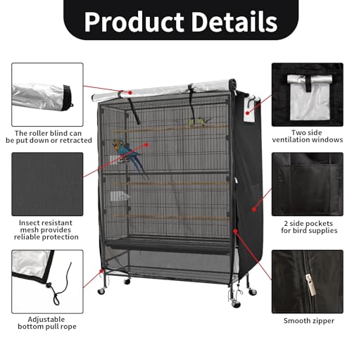 Image of Bird Cage Covers for Night,38 inchLx23 inchWx51 inchH,420D Fabric Washable Waterproof Large Dust Pet Birdcage Breathable Warm Protection Cover,Distraction and Light Eliminator for Winter,Cats,Mink(with Mesh)